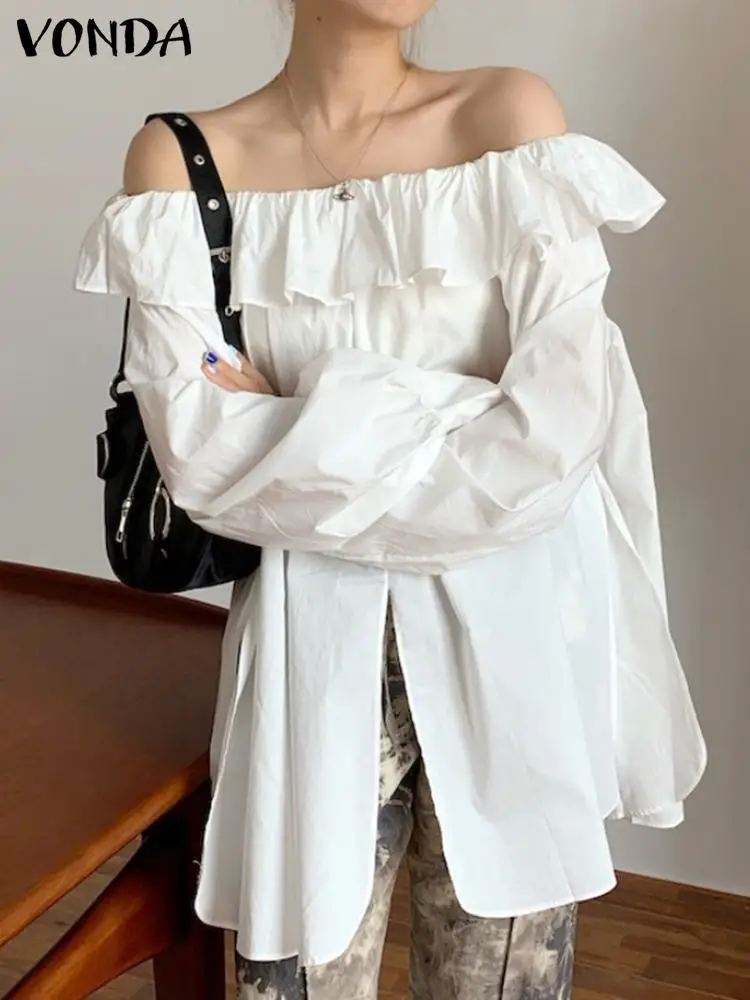 

VONDA Women Long Sleeve Off Shoulder Shirts 2022 Sexy Pleated Tops Casual Baggy Ruffled Long Blouse Office Blusas Femininas