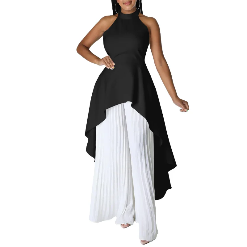 African Clothes for Women Summer 2023 African Women Sleeveless Polyester Solid Color 2pieces Sets Top Pleated Pant Matching Sets