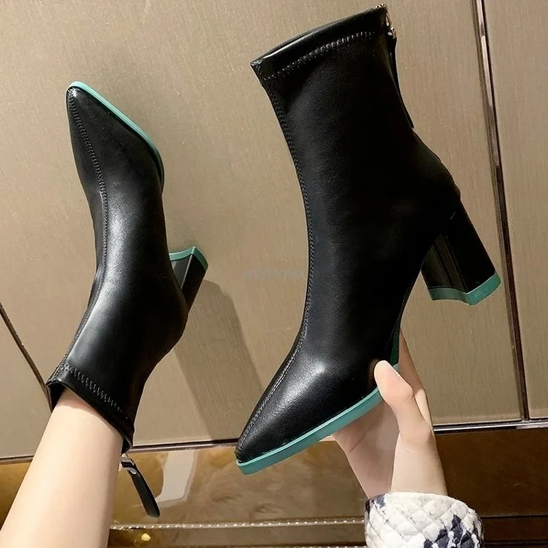 

Короткие женские ботинки на толстом каблуке, демисезонные однотонные ботинки 2022, ботинки с острым носком на высоком каблуке, ботильоны на с...