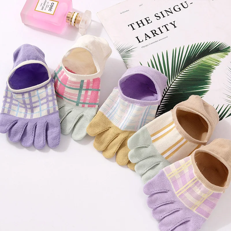 10 Pairs Woman Invisible Toe Socks Summer Cotton Flowers Grid Shallow Mouth No Show 5 Finger Socks Beautiful Harajuku Socks