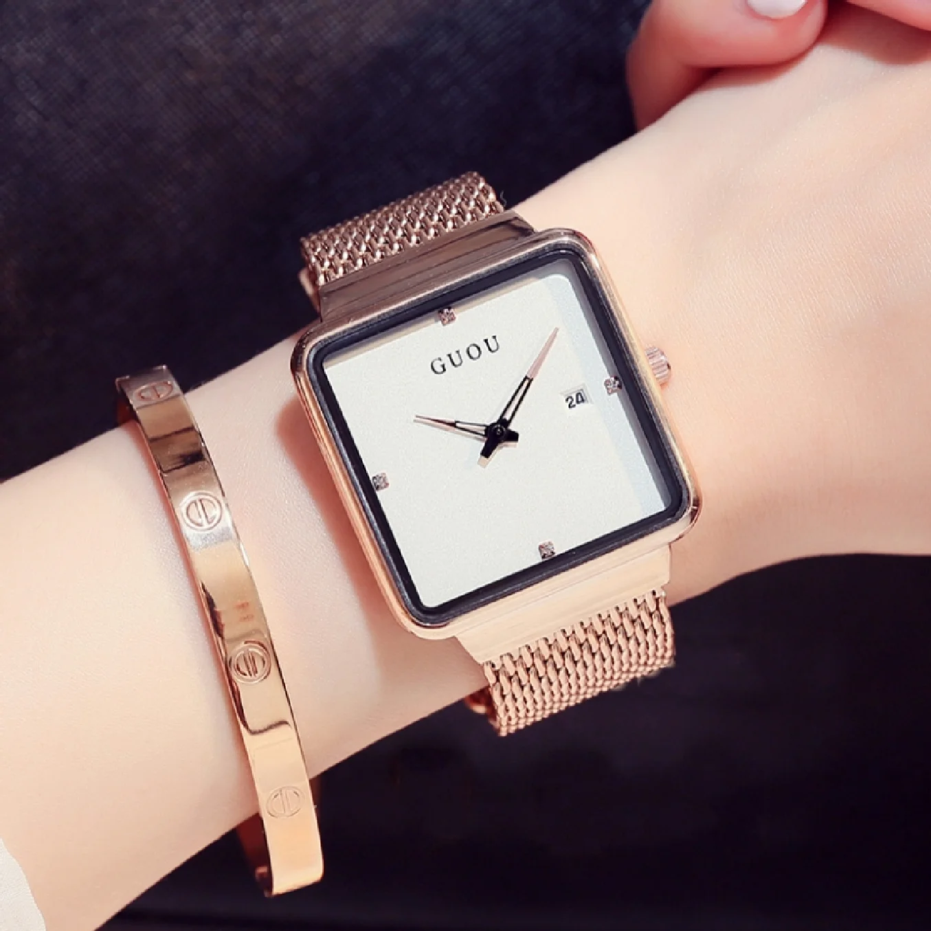 

2018 New Luxury Guou Brand Female Large dial Square Gold Mesh Steel Fashion Ladies Casual Watch Calendar quartz WristWatches