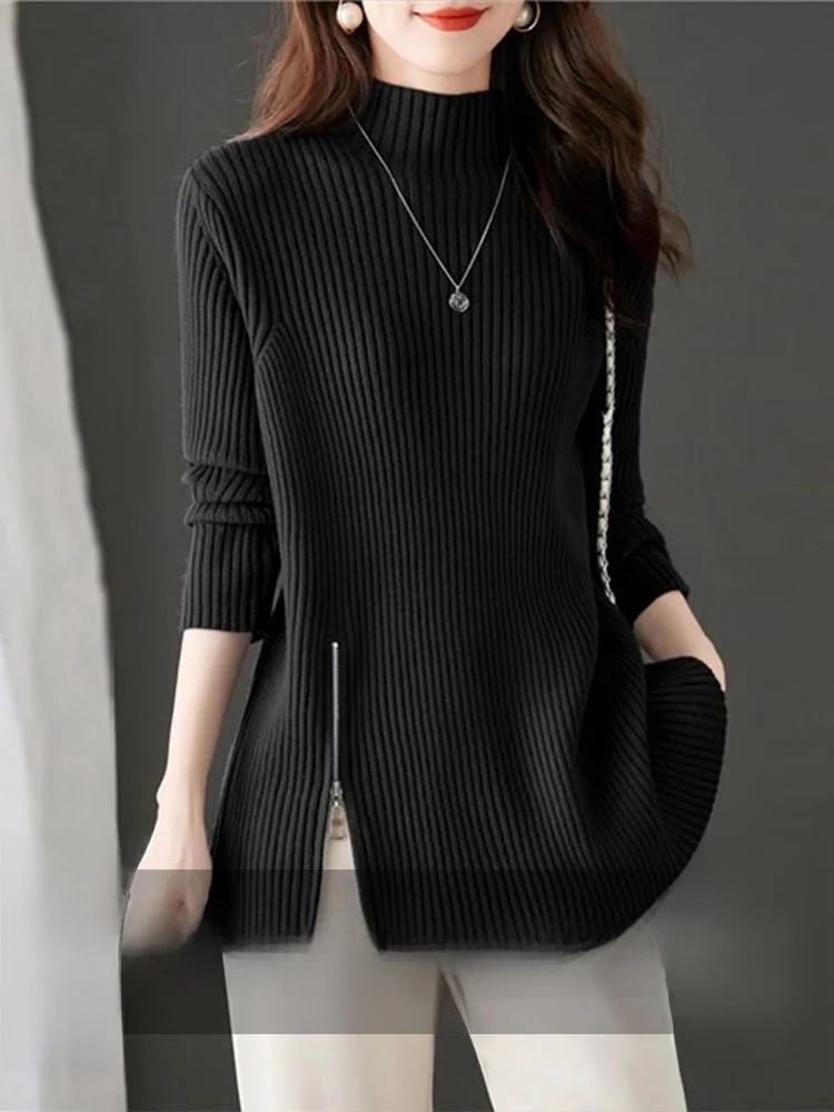 00 Pure Cashmere Half-high Collar Thickened Design Sense Sweater Women Autumn and Winter Wear Mid-Length Unique Super Nice Top