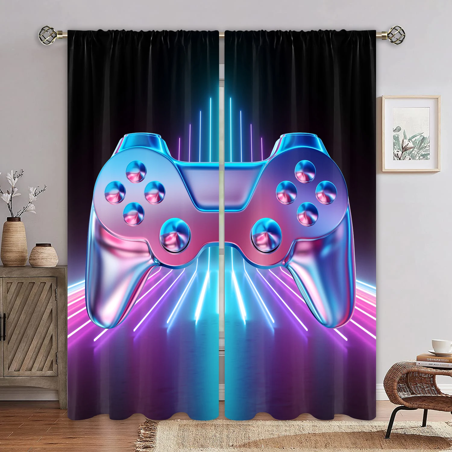 Cool Gaming Controller Curtains Lightning Pattern Drapes Blue Gamer Theme Living Room Bedroom Decor 2 Panels Set