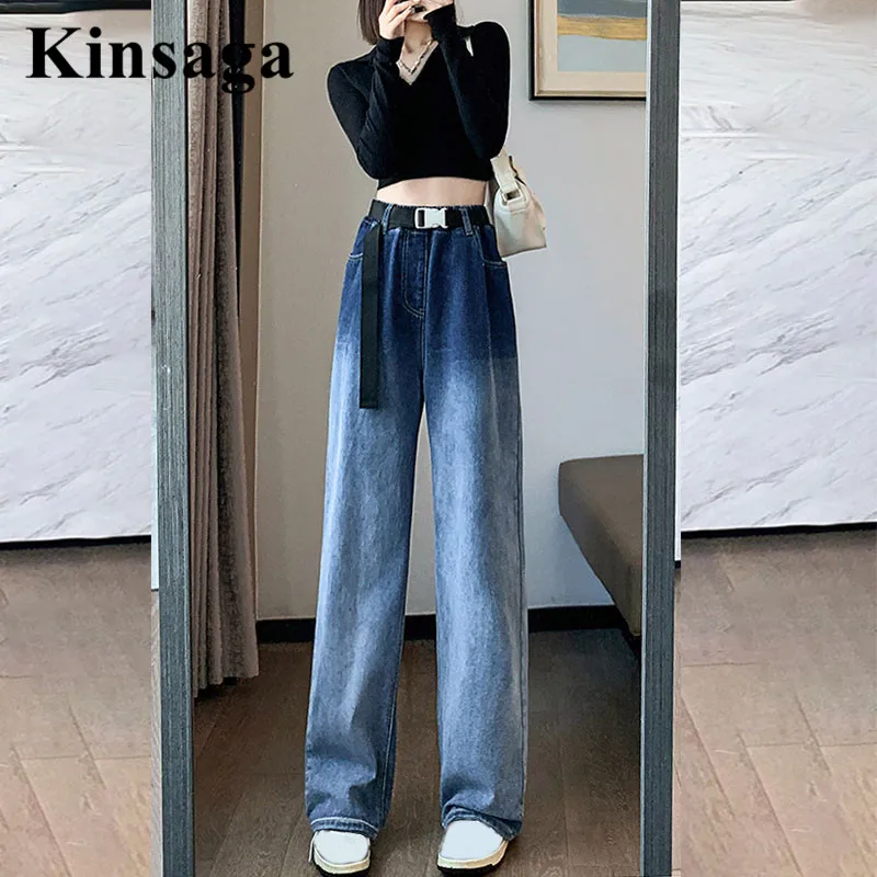 

Aesthetic Gradual Change Mopping Jeans Women Boyfriend with Belt Straight Demin Pant All-match Hippie Korean Loose Cargo Trouser