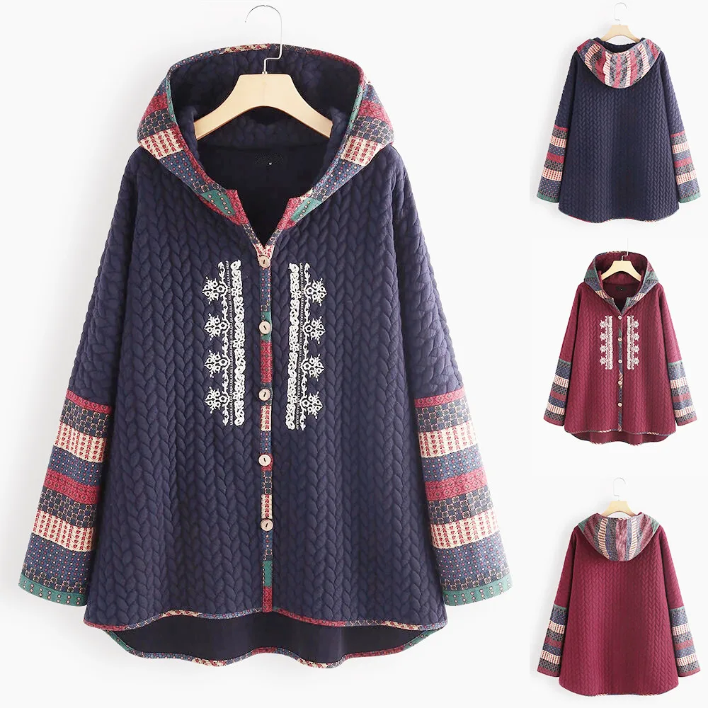 

Bohemian Winter Coat for Women Button Soft Jacket Red Hood Embroidery Jackets Vintage Hooded Ladies Parka 2022 Plus Size Parkas