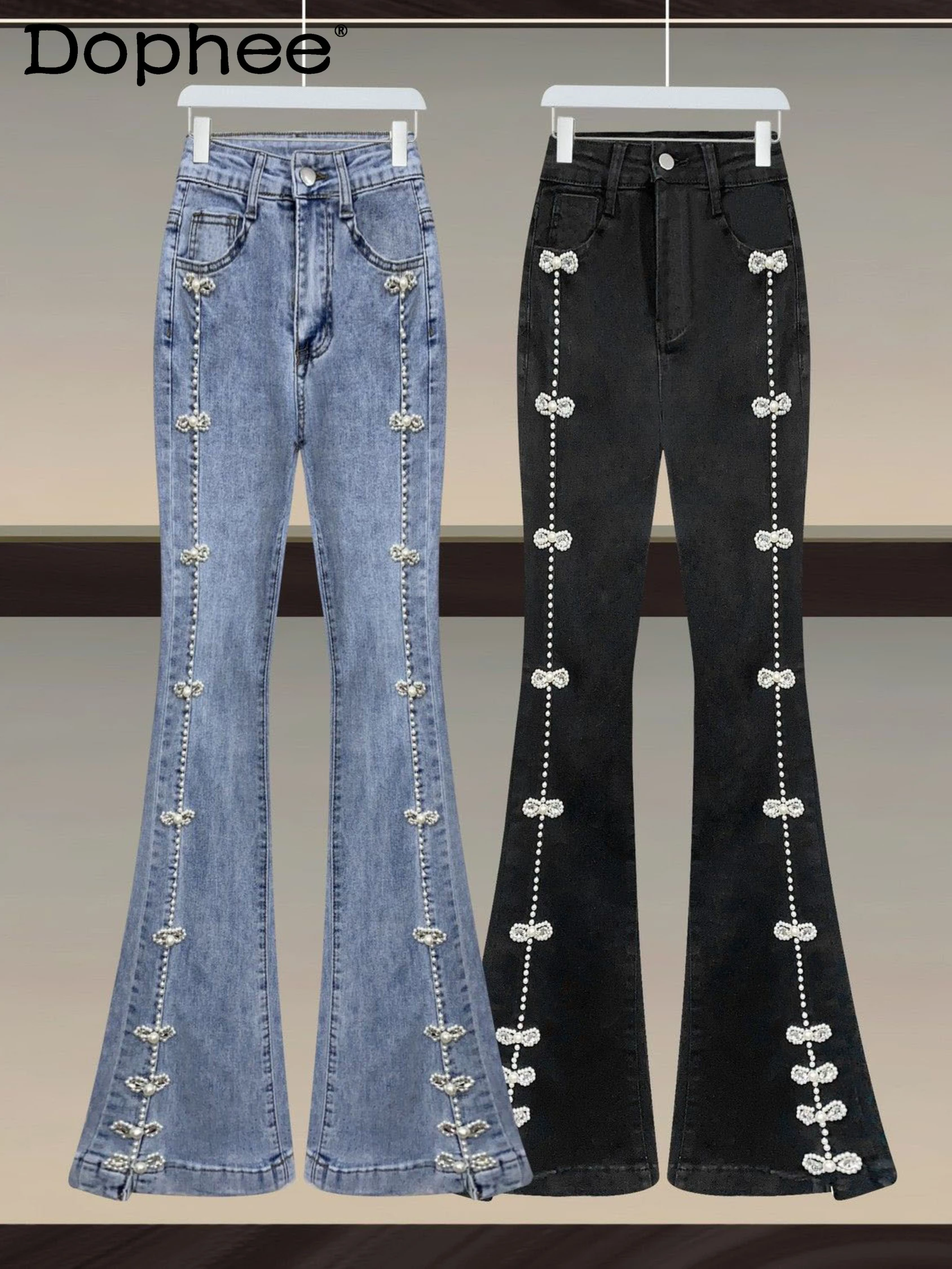 

Heavy Industry Beads Black Jeans Women Bell-bottomed Pants Summer 2022 New Retro Fashion High-End Design Denim Flared Pants Tide