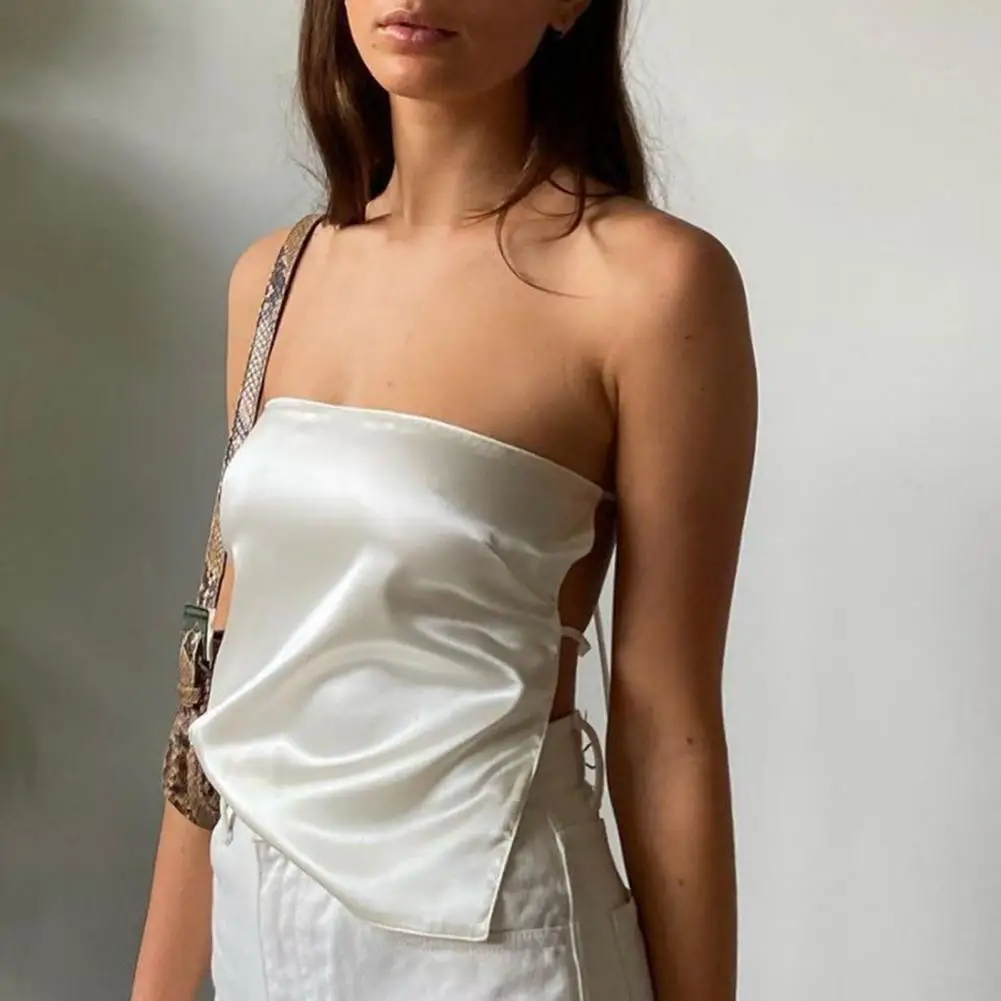 

2022 Sexy Cami Tops Sexy Satin Off Shoulder Backless Crop Top Women Y2K Cami Bandage Sleeveless Strapless Tank Tops Tube Top