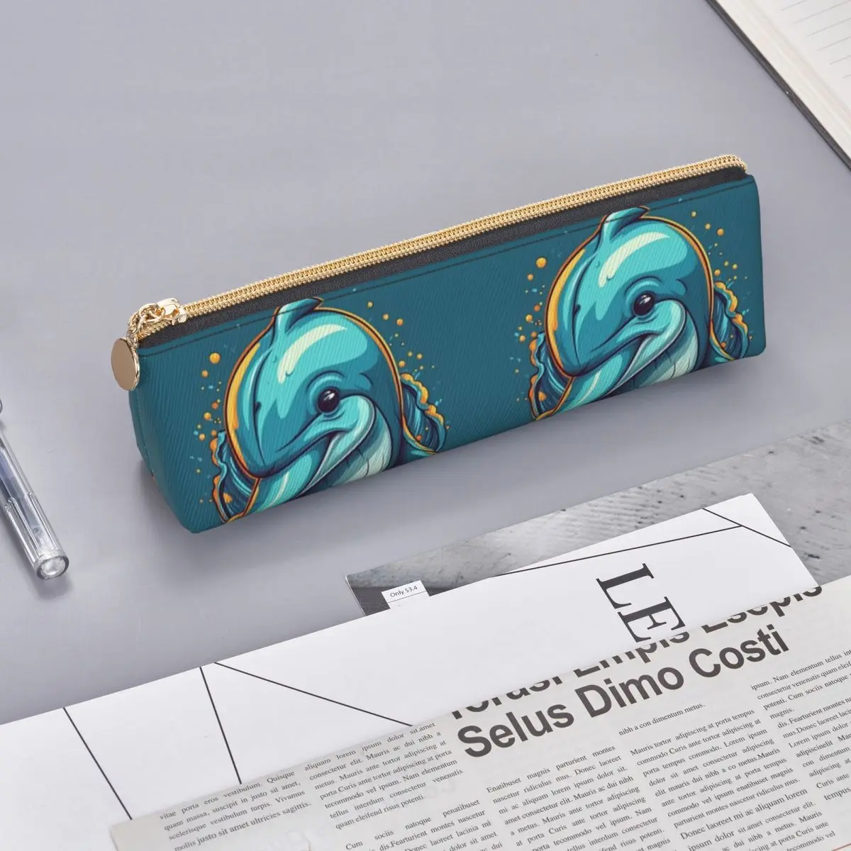 Dolphin Leather Pencil Case Nature Style Cartoon University For Teens Zipper Pencil Box Cool Big Triangle Pen Organizer images - 6