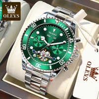 olevs luxury mens mechanical watch waterproof business stainless steel strap green wrist watch men skeleton automatic watch