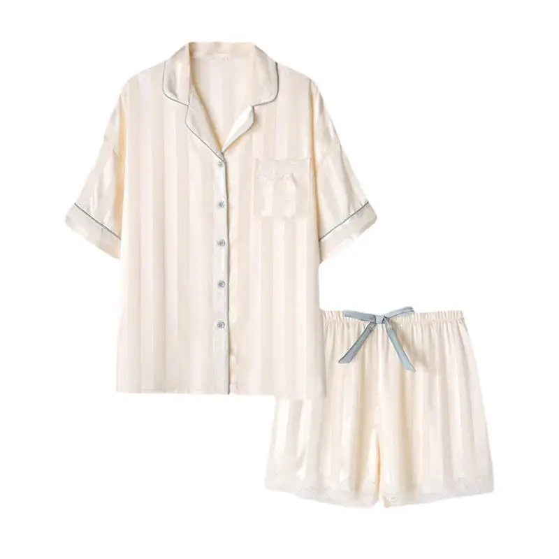 Pajamas Women's Summer Ice Silk Short-sleeved Shorts 2023 New Thin Stripes Can Be Worn Outside Home Clothes Two-piece Suit