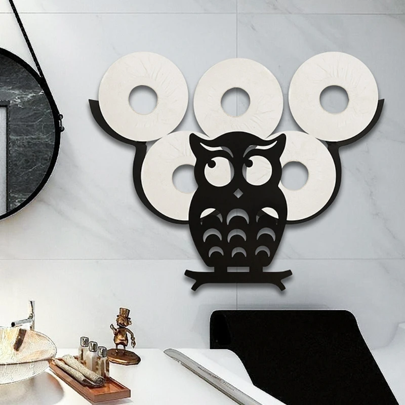

Multi-purpose Tissue Roll Dispenser Black Owl Paper Towel Holder Wall Mounted Tissue Paper Storage Holder Decor Rack