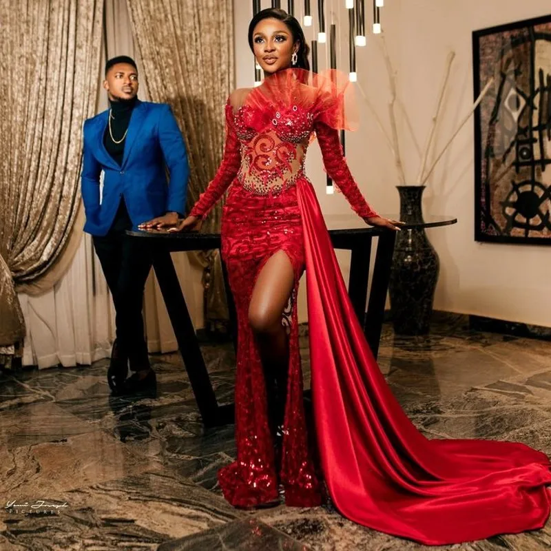 

Luxury Red Long Sleeves Evening Dresses Sheer Neck Side Train Beads Mermaid Prom Dress With Side Split Women Birthday Gowns