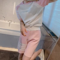 light pink tb shorts suit knitted womens spring and summer round neck short sleeved five point sports shorts two piece tide