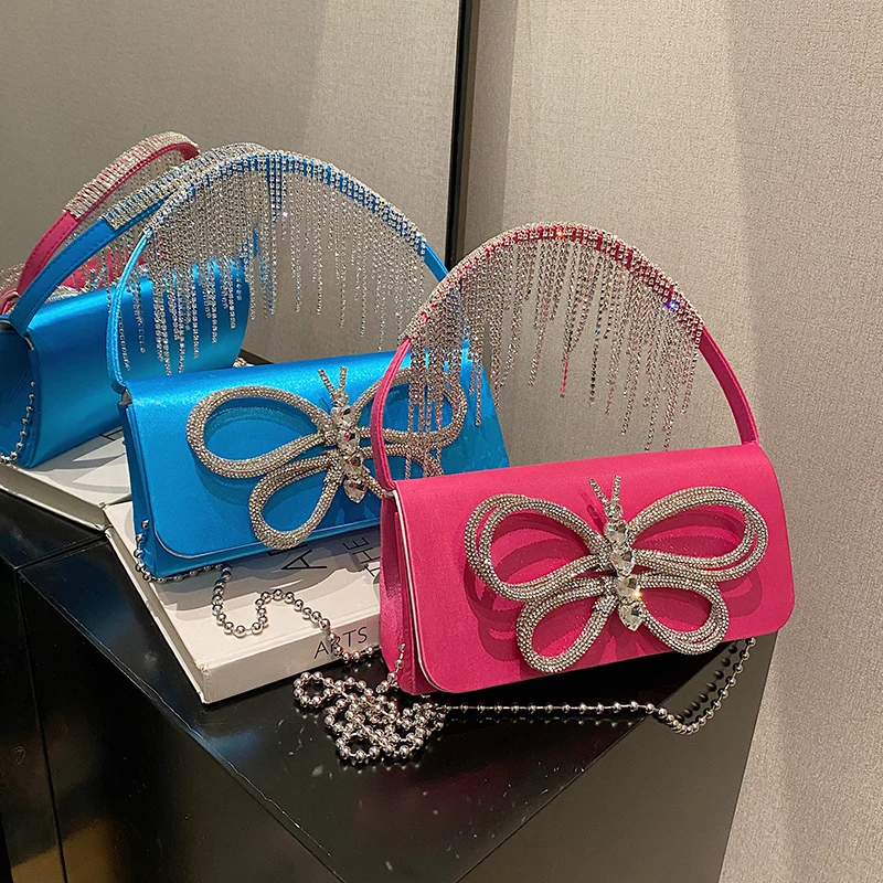 

Vintage Satin Rhinestone Tassels Evening Bags Shoulder Crossbody Bags Women Handbags and Purses 2023 New Design Messenger Bags