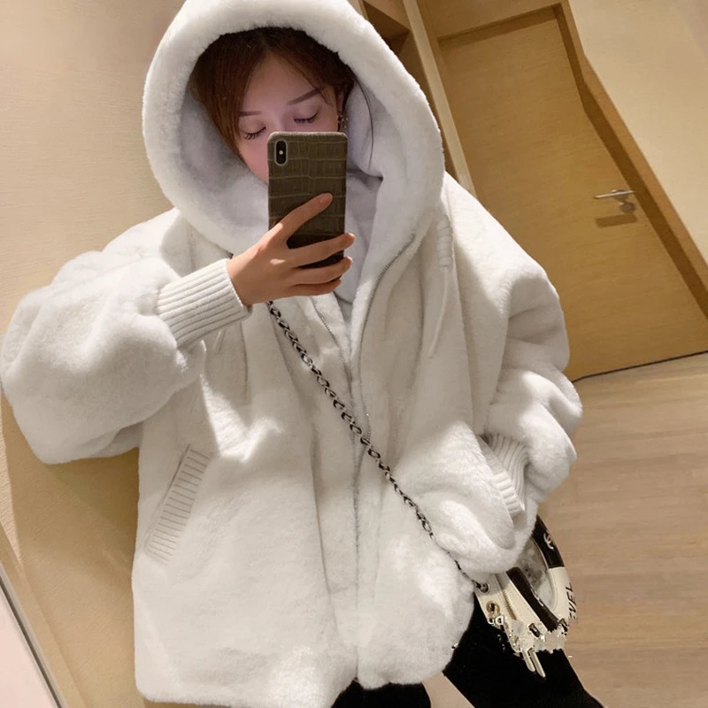 

Winter White Oversized Faux Fur Jacket Women with Hood Raglan Sleeve Zipper Korean Fashion Clothing for Womens Cute Coat