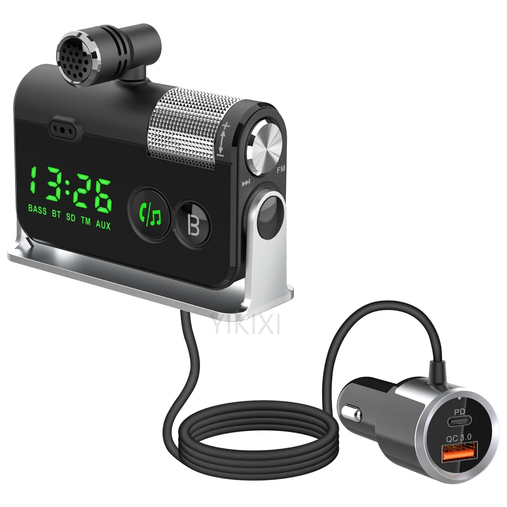 

FM Transmitter Bluetooth 5.0 Car Kit Handsfree AUX Audio Receiver MP3 Player QC3.0+PD 18W USB Charger with Removable Mic