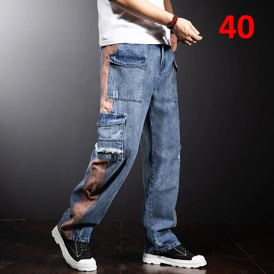 Plus Size Jeans Men Denim Pants Baggy Jeans Pants Streetwear Patchwork Trousers Male Big Size Bottoms Fashion Causal
