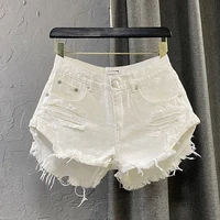 sexy low waist womens jeans shorts 2022 summer fashion denim broken hole rivets splicing white ladies skinny super short jeans