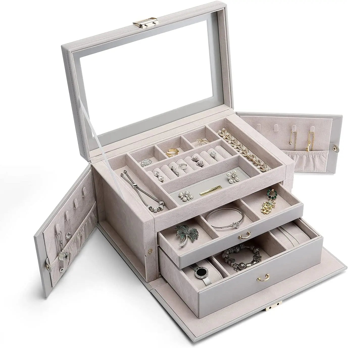 

Vlando Jewelry Box Organizer, Large Capacity 3-Layer Drawer Jewelry Tray for Necklaces Rings Earrings Storage Display Case