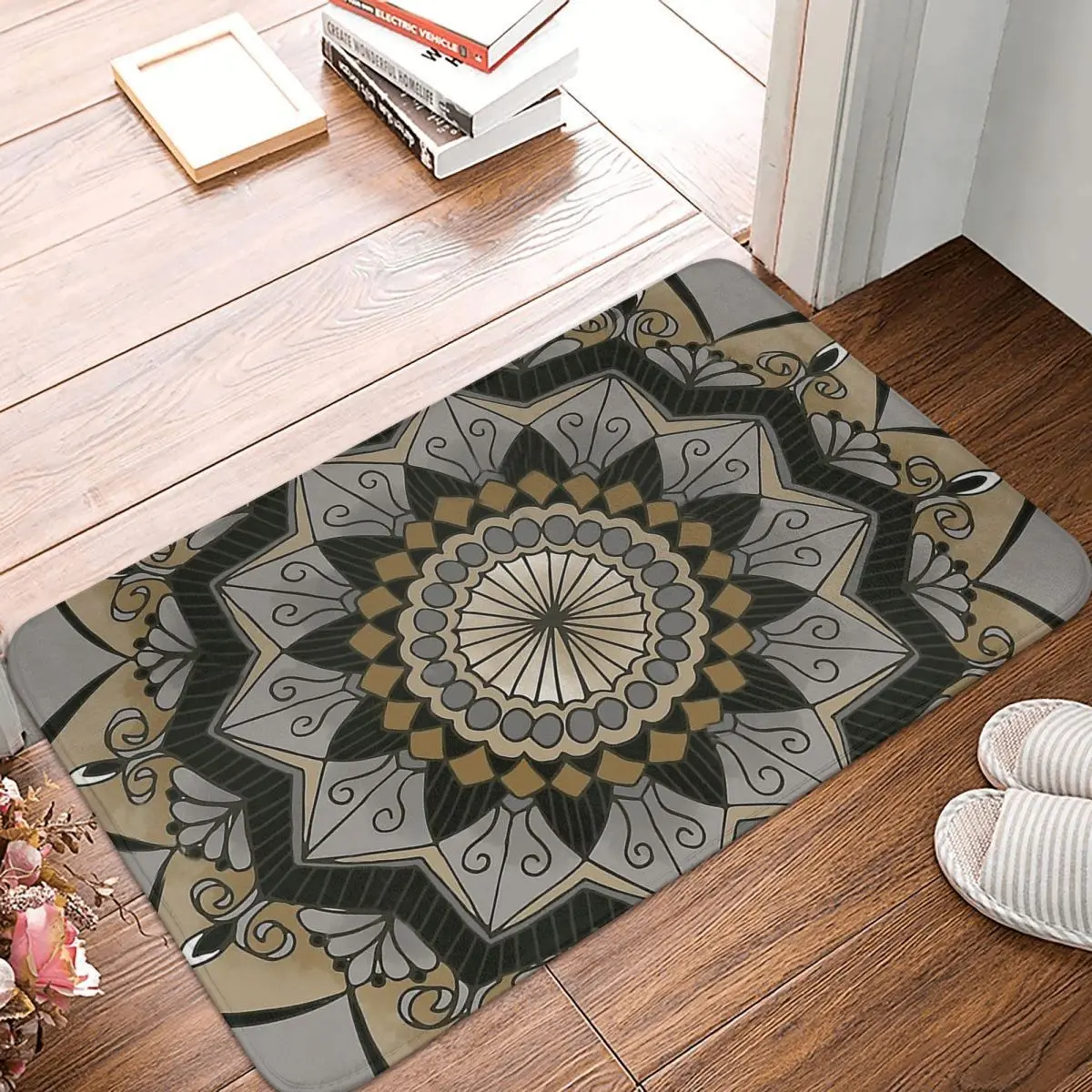 

Mandala Deco Anti-Slip Doormat Living Room Mat Art Inspired Black Gold And Silver Design Hallway Carpet Welcome Rug