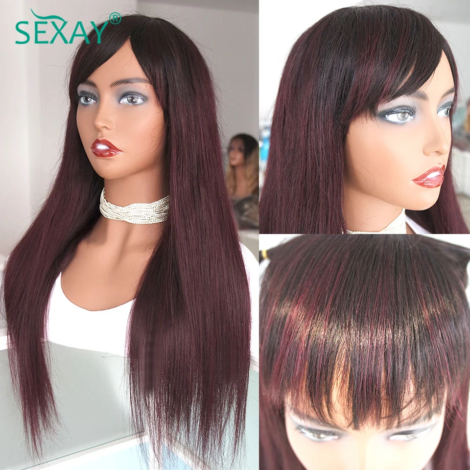 

Burgundy Wigs For Women Human Hair Wig With Bangs 28 30 Inch Long Straight Fringe Wigs Sexay 1B 99J Ombre Human Hair Wig On Sale