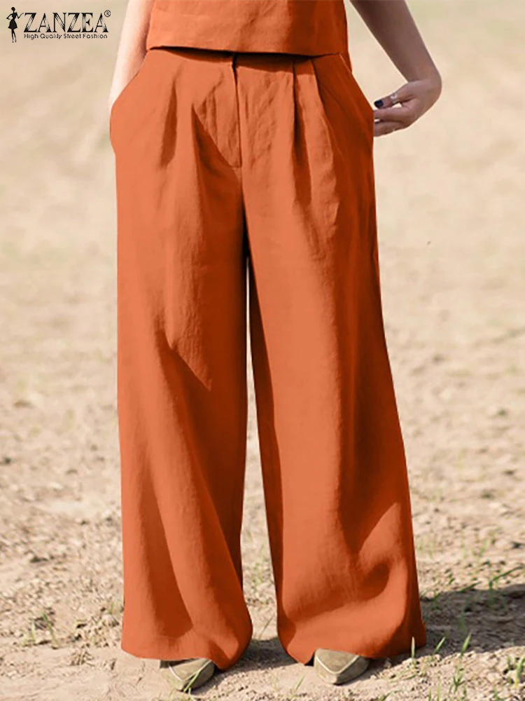 

Autumn High Waist Solid Long Trousers ZANZEA Fashion Women Wide Leg Pants Casual Loose Pantalon Female Cotton Palazzo Oversize