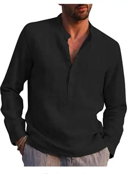 New hemp blended European and American hot-selling semi-open collar men's long-sleeved shirts loose straight-neck men's tops
