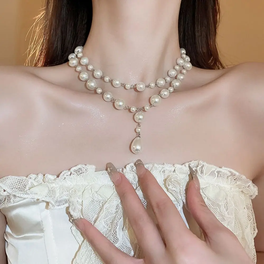 French Double Layer Pearl Necklace Set Elegant Retro Water Drop Ear Hook Exquisite Niche High Sense Collarbone Chain Girl |