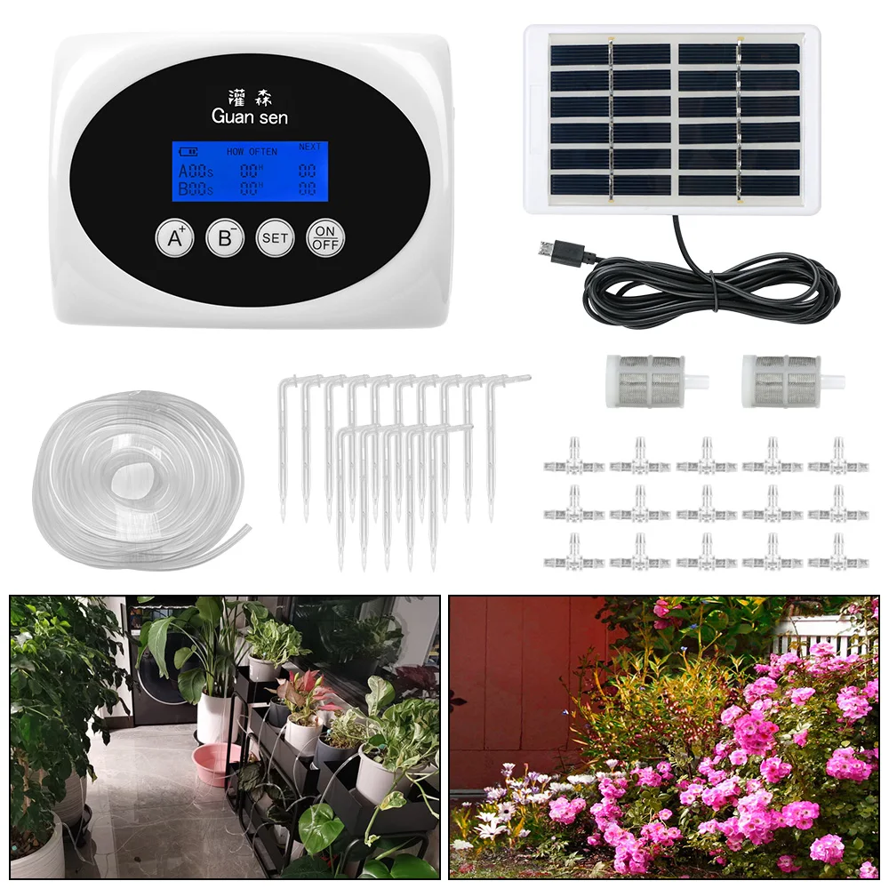 Solar Drip System Timer Double Pump Garden Drip Irrigation Device Controller Automatic Watering Device for Plants Smart