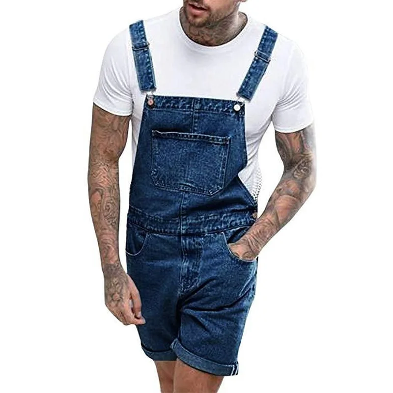 New Vintage Mens Jeans Shorts One-piece Overalls Suspenders Streetwear Men Denim Rompers Casual Jumpsuits