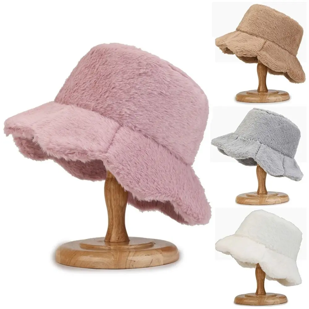 

Girls Winter Warm Autumn Bucket Hat Plush Fisherman Cap Solid Color