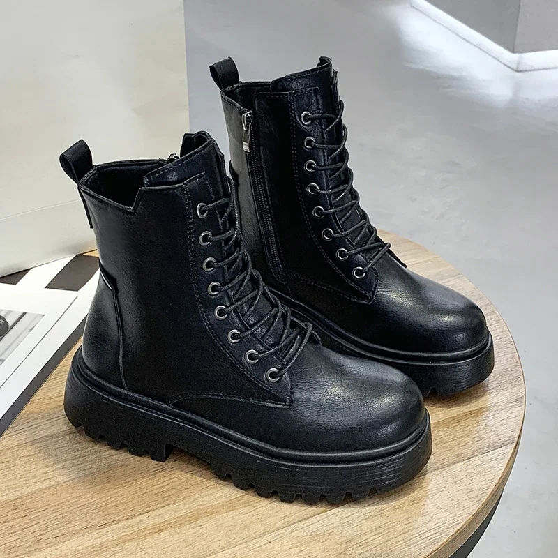 

Женские Классические ботильоны, черные кожаные ботинки в готическом стиле, на среднем каблуке, на платформе, на осень, 2023