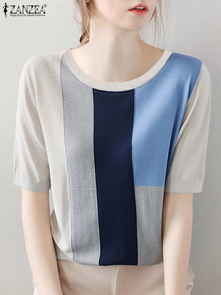 ZANZEA повседневные уличные модные футболки в стиле пэчворк с коротким рукавом