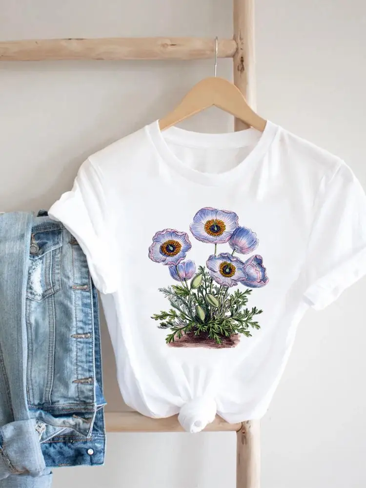 

O-neck Flower Cute 90s Short Sleeve Fashion Tee Clothing Print Clothes Women Tshirt Female Top Casual Summer Graphic T-shirt