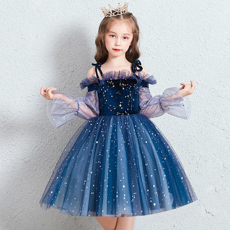 

Child Girls Formal Dresses for Birthday Party and Wedding Kids Clothes Gown Dark Blue Fluffy Tulle Dress Elegant Princess Frock
