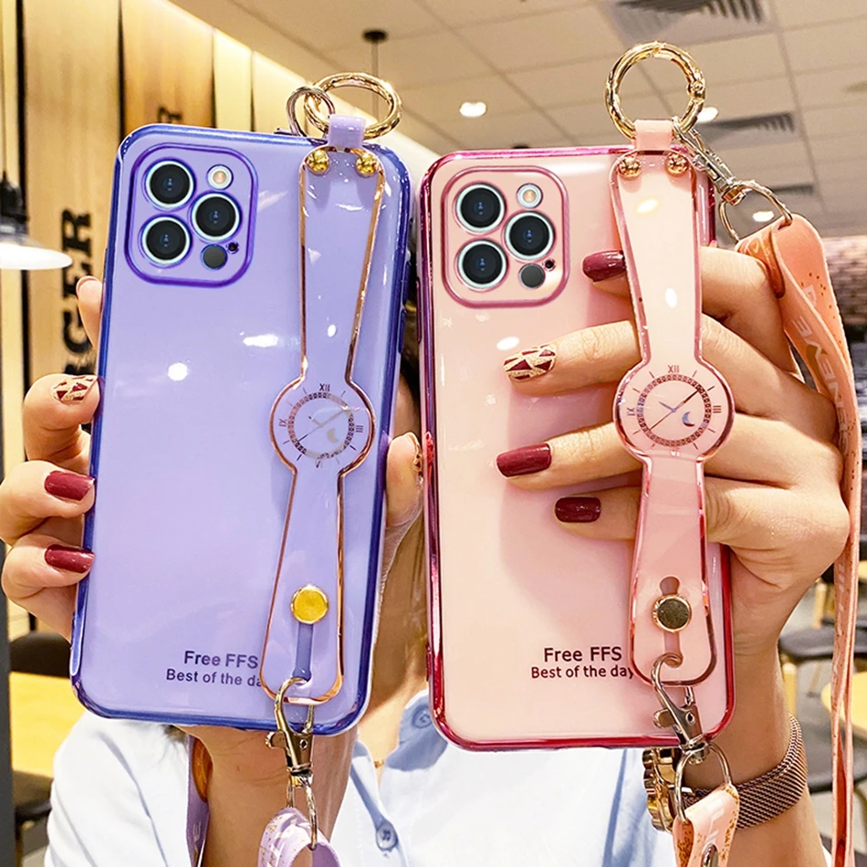 Wrist Strap Case for iPhone 7 8 Plus SE 2020 Case Silicone Cute Cartoon Holder Cover for iPhone X Xs 11 12 Mini Pro Max XR Coque