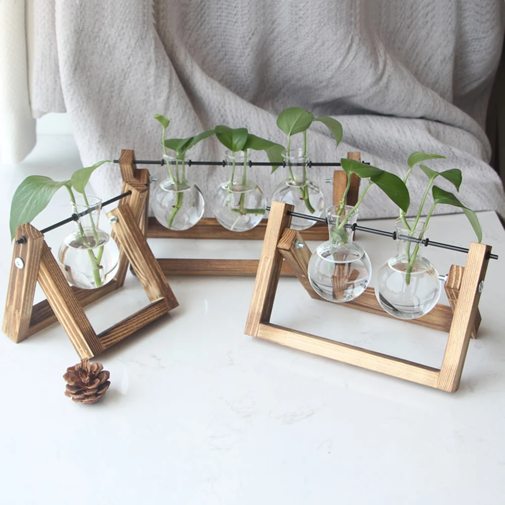 

2022 New Bonsai Decor flower vase Plant Transparent Vase Wooden Frame vase decoratio Glass Tabletop Plant flower shaped bowl