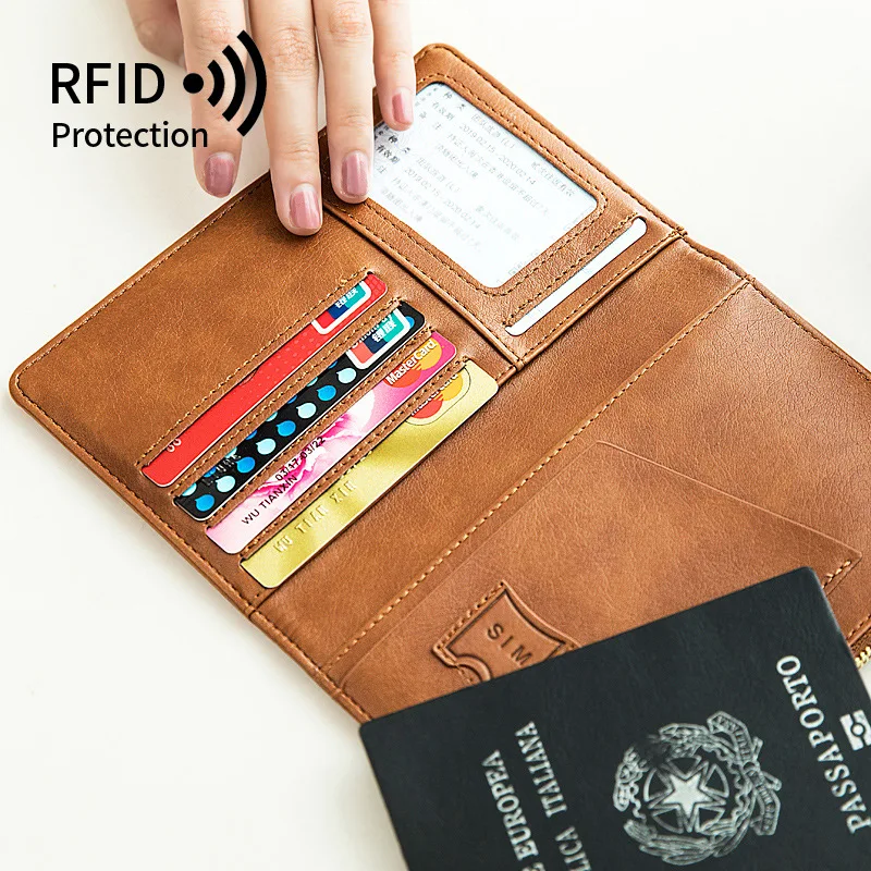 

Leather RFID Blocking Passport Cover Travel Card Holder Wallet Men Women Passports Document Pass Organizer Folder Elastic Band