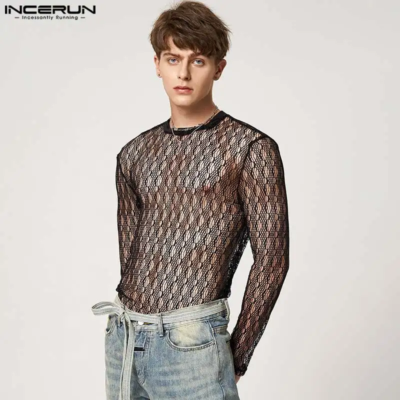 

Handsome Well Fitting Tops INCERUN New Men Thin Lace Perspective Camiseta Sexy Male See-through Long-sleeved T-Shirts S-5XL 2022