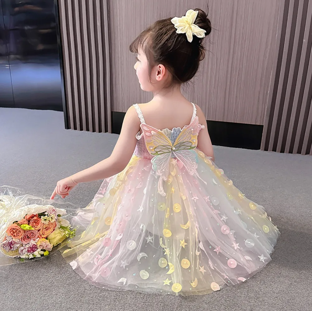 

New Summer Suspender Dress for Girl 3-8 Yrs Sequin Ruffles Elegant Children Vacation cute bow Vestidos Birthday Princess Dresses