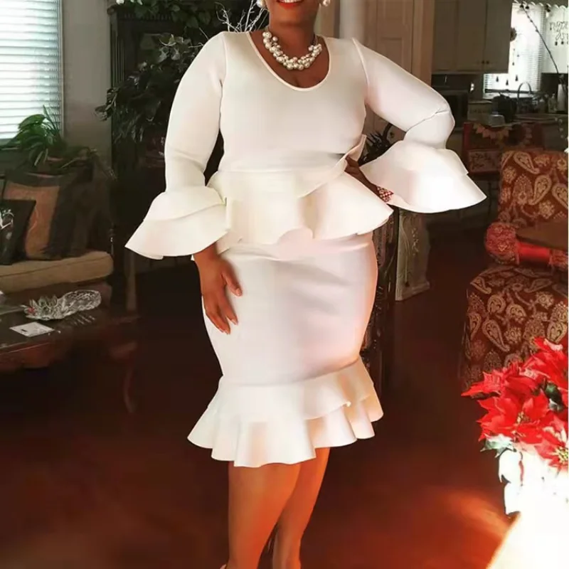 

Plus Size Women White Short Dress Flare Long Sleeve Ruffle Patchwork O Neck Bodycon Dresses Elegant Fashion Female Robes 5XL New
