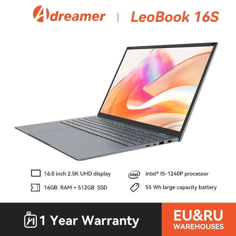 Adreamer LeoBook 16S Laptop 16 Inch Intel i5-1240P DDR4 16GB 512GB SSD 2.5K 2560x1600 IPS UHD Notebook 55Wh Windows 11 Computer