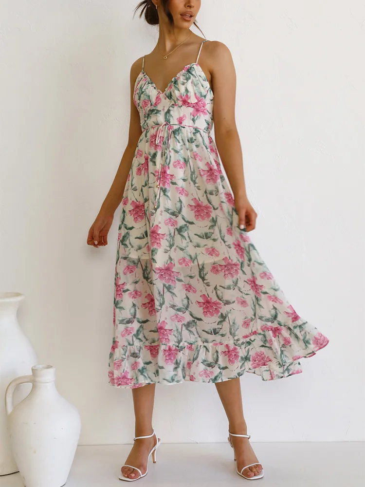 

Летние платья, женская одежда 2022, с оборками, V-образным вырезом, цветочным принтом, для отпуска, пляжа, на бретелях-спагетти, с оборками на по...