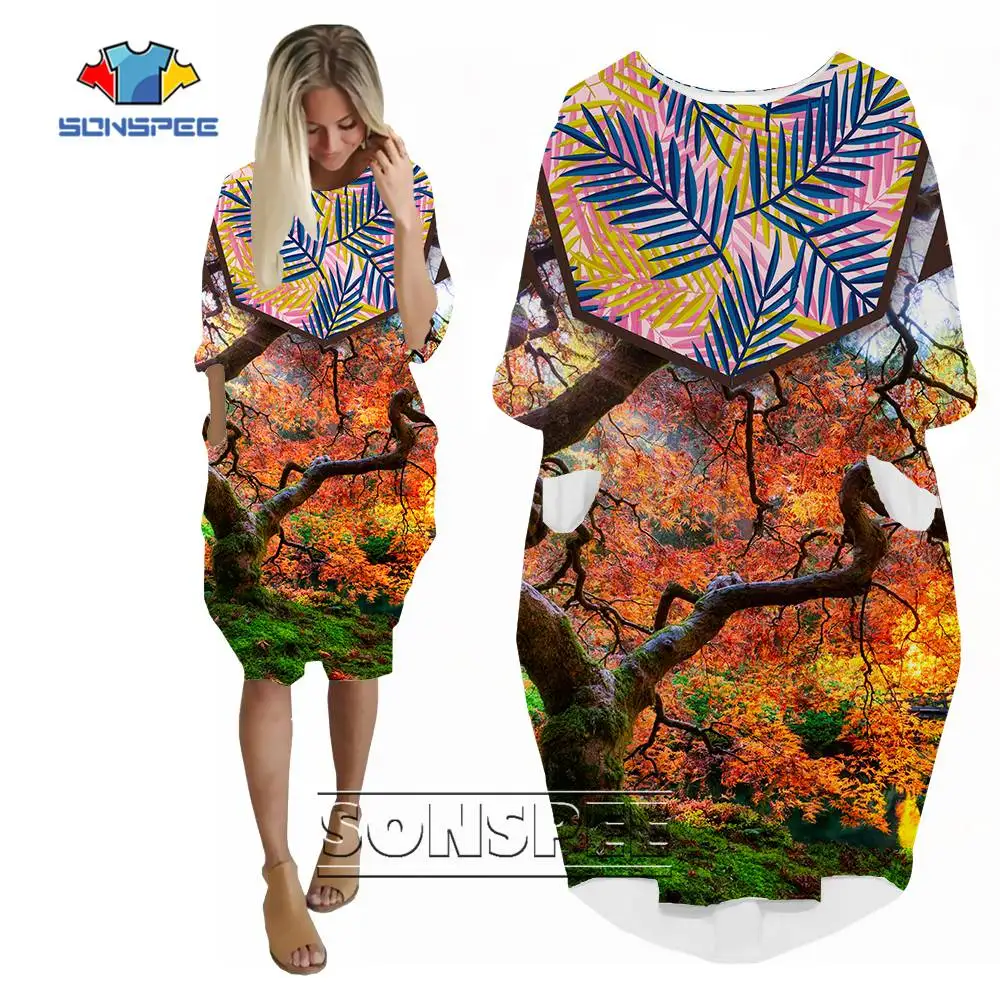 

SONSPEE 2022 Long Sleeves Woman's Dress Girl Lady Street Casual Elegant Breathable Over the Knee Gown Woman Tie Dye Print Skirt