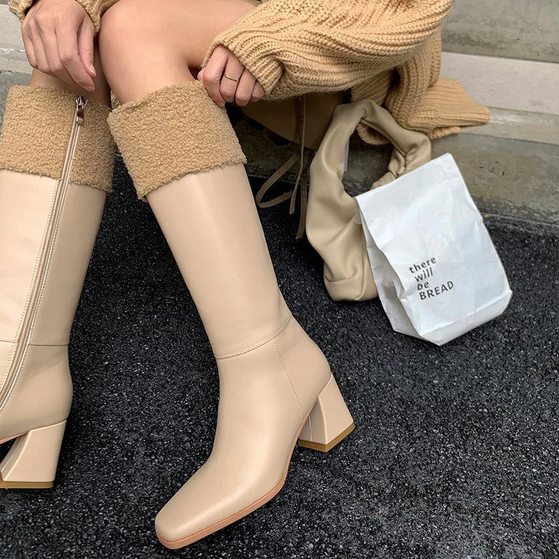 

2022 new Autumn and winter Women knee-high Boots natural leather 22-24.5cm cowhide upper Side Zip Lambskin Chunky Heel Boots
