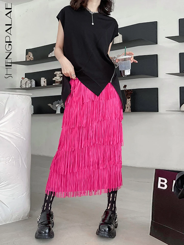 

SHENGPALAE плиссированная юбка с бахромой средней длины для женщин Летняя однотонная модная эластичная юбка с высокой талией 3067
