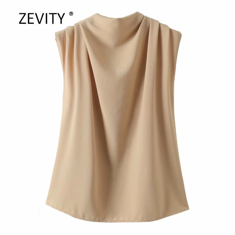 

New women fashion solid color stand collar pleats sleeveless smock shirt ladies office blouses chic roupas femininas tops LS6913