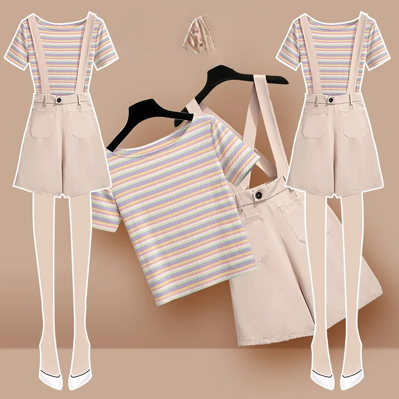 

2022 Women's Summer New Clothes Suits Female O-neck Short Sleeve Striped Tops + Loose Shorts Ladies Overalls Two-piece Sets W146