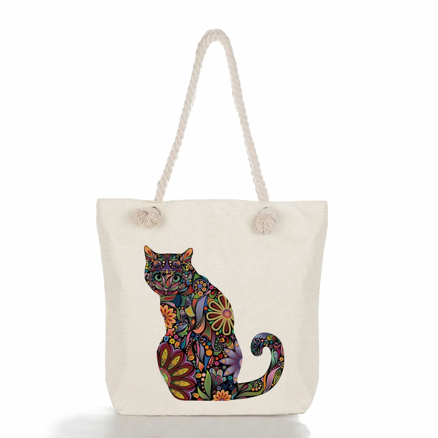 

2023 New Art Print Canvas Tote Bag Kawaii Cat Cartoon Pattern Shoulder Bag Floral Print Bohemian Handbag with Cotton Rope