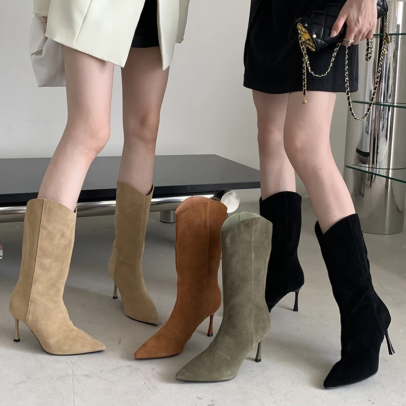 

2022 Fashion Pointed Toe Party Women Mid-Calf Boots Leather Elegant Female Heel Shoes Casual Outdoor Slip On Ladies Modern Boots